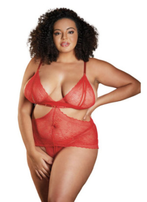 Nuisette dentelle rouge grande taille avec string ouvert ROSIE - 17-6002XR